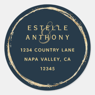 Navy Blue Rustic Gold Ampersand Rücksendeadresse Runder Aufkleber