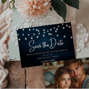 Navy Blue Rustic Holz String Lights Foto Save The Date