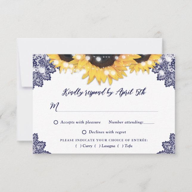 Navy Blue Rustic Lace Sunflower Wedding RSVP Karte (Vorderseite)