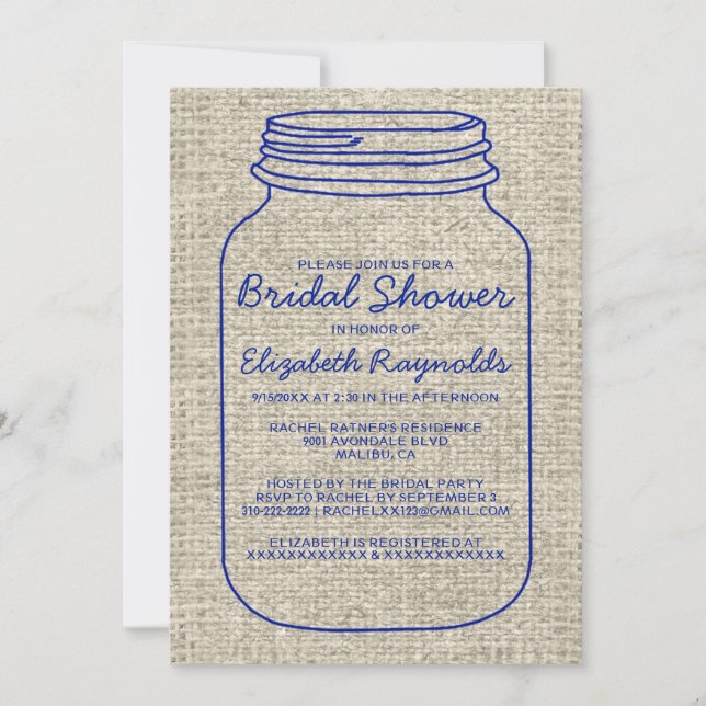 Navy Blue Rustic Mason Jar Brautparty Einladungen (Vorderseite)