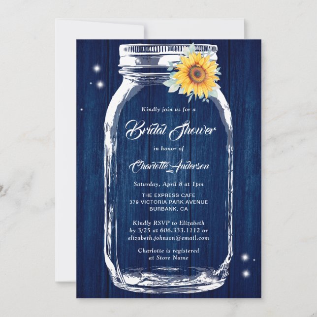 Navy Blue Rustic Mason Jar Sunflower Brautparty Einladung (Vorderseite)