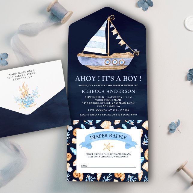 Navy Blue Rustic Nautical Sailboat Baby Showdusche All In One Einladung (Von Creator hochgeladen)