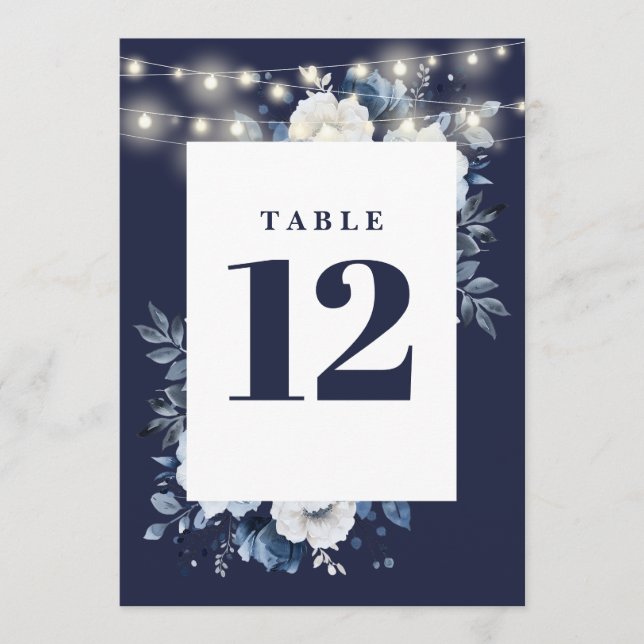 Navy Blue Rustic String Lights Floral Tischnummer (Vorderseite)