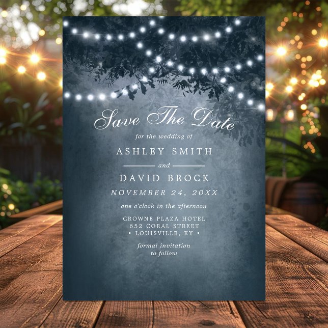 Navy Blue Rustic Tree Lights Save the Date (Von Creator hochgeladen)