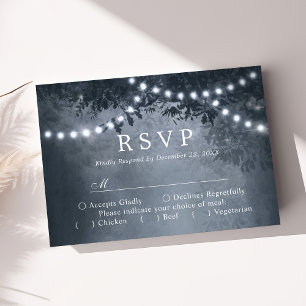 Navy Blue Rustic Tree Lights Wedding RSVP Karte