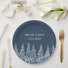 Navy Blue Rustic Winter Forest Wedding Pappteller