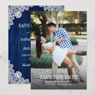 Navy Blue Rustic Wood Floral Lace Hochzeitssemble  Save The Date