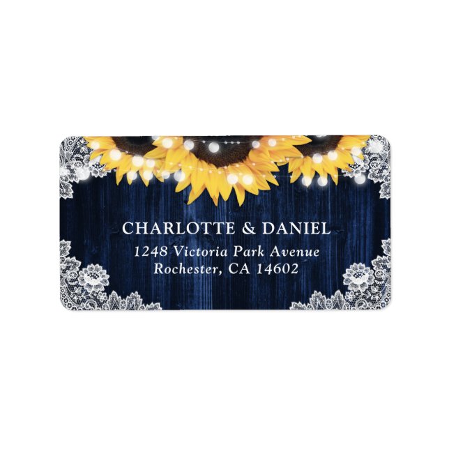 Navy Blue Rustic Wood Lace Sunflower Address Adressaufkleber (Vorne)