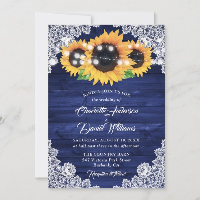 Navy Blue Rustic Wood Lace Sunflower Wedding Einladung (Vorderseite)