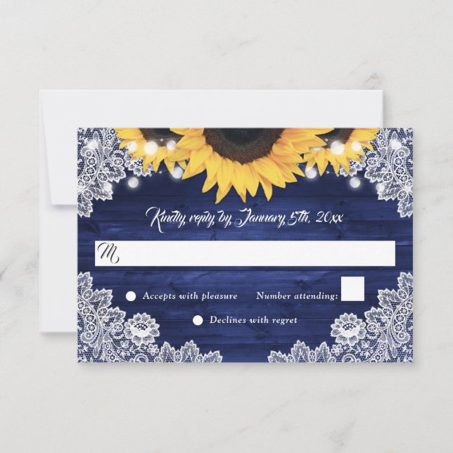 Navy Blue Rustic Wood Lace Sunflower Wedding RSVP Karte (Vorderseite)