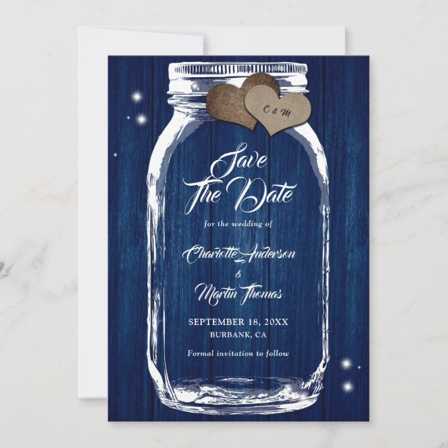 Navy Blue Rustic Wood Mason Jar Wedding Save The Date (Vorderseite)