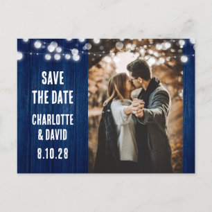 Navy Blue Rustic Wood Wedding Foto Save the Date Ankündigungspostkarte