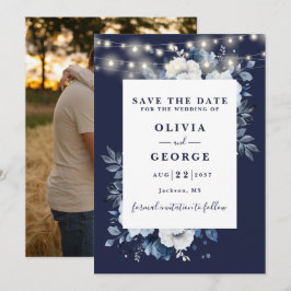 Navy Blue Rusticus String Lights Floral Foto Save The Date