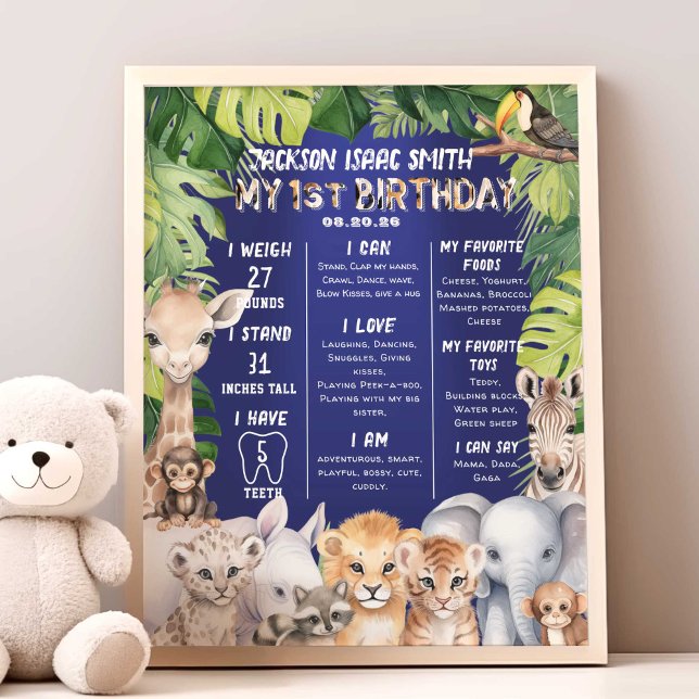 Navy Blue Safari Jungle Animals 1 Meilenstein Fotodruck (Navy Blue, Boy 1st birthday Safari Animals milestone birthday stat poster.)