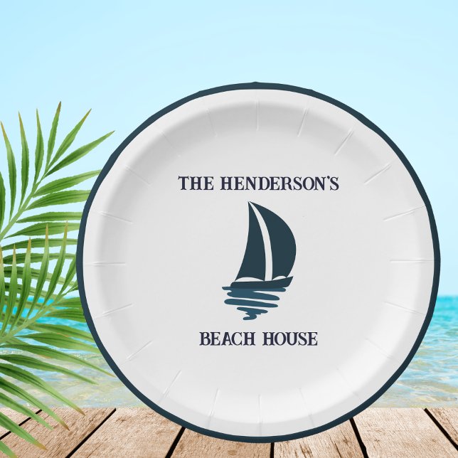 Navy Blue Sailing Boat Nautical Beach House Party Pappteller (Von Creator hochgeladen)