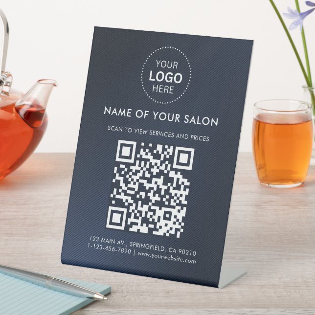Navy-Blue-Salon Business QR-Code und Logo Sockelschild (In Situ)