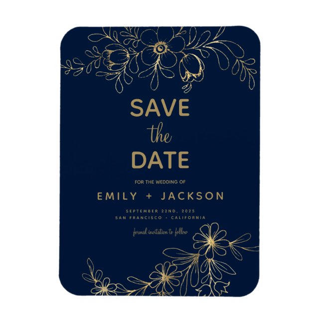 Navy Blue Save the Date Floral Gold Foil Magnet (Vertikal)