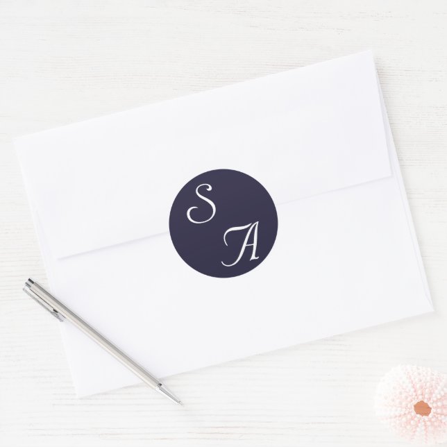 Navy Blue Schlicht Modern Monogram Wedding Runder Aufkleber (Umschlag)