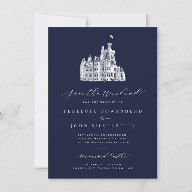 Navy-Blue-Schloss-Illustration-Wochenendhochzeit Save The Date (Vorderseite)