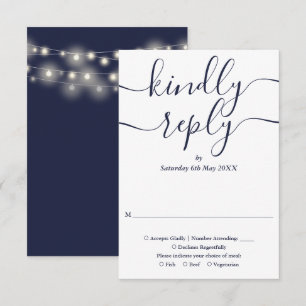 Navy Blue Schrift Lichterkette Hochzeit RSVP Karte
