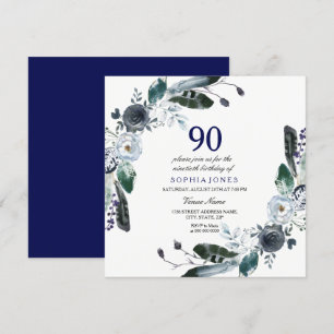 Navy Blue Schwarz-weiß Floral 90. Geburtstag Einla Einladung