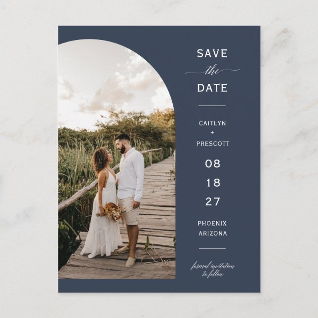 Navy Blue Script Arch Foto QR Code Save the Date Postkarte (Vorderseite)
