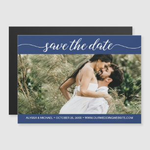 Navy Blue Script Foto Website Save the Date Magneteinladung