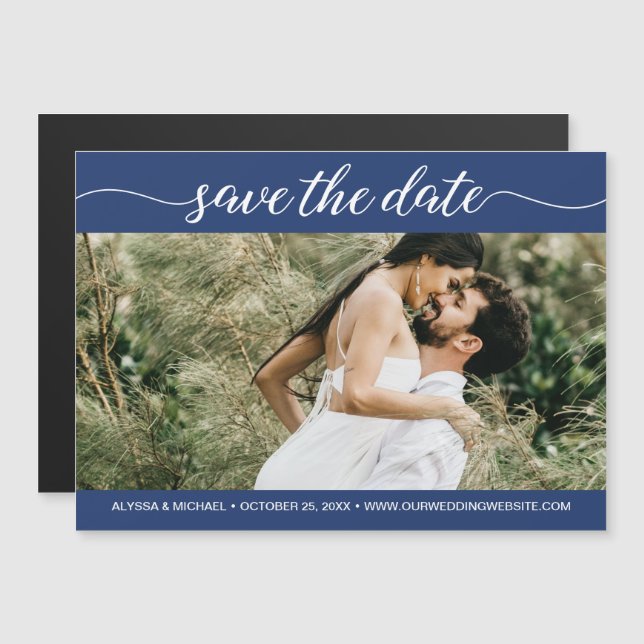Navy Blue Script Foto Website Save the Date Magneteinladung (Vorne/Hinten)