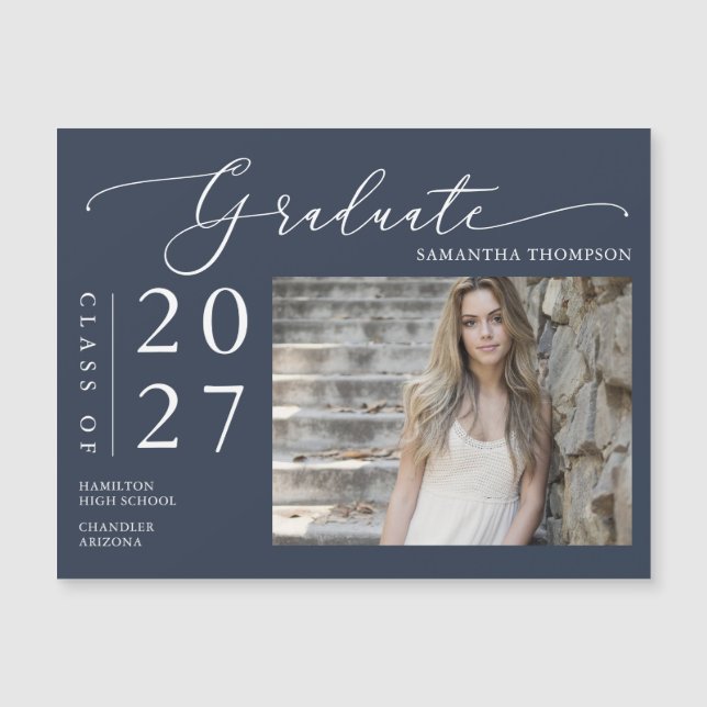 Navy Blue Script High School Graduate Foto Magnet (Vorderseite)