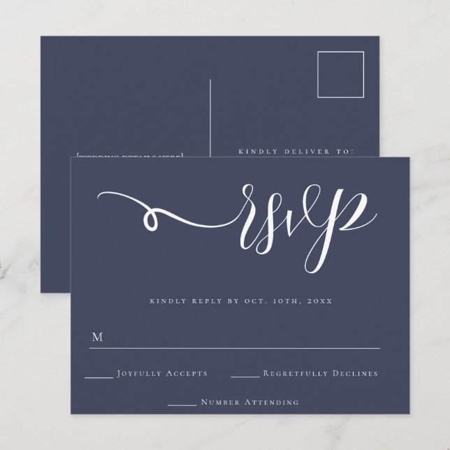 Navy Blue Script Hochzeitsreaktion UAWG Postcard Postkarte (Vorne/Hinten)