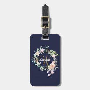 Navy Blue-Script-Monogram-Floral-Rose Gepäckanhänger