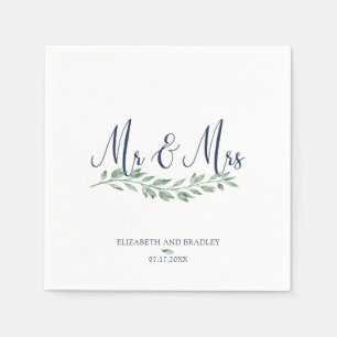 Navy Blue Script Mr. and Mrs. Grüne Hochzeit Serviette