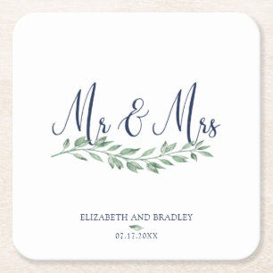 Navy Blue Script MR und MRS Greenery Wedding Rechteckiger Pappuntersetzer