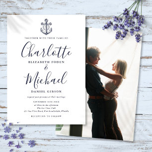 Navy Blue Script Nautical Anchor Foto Hochzeit Einladung