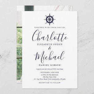 Navy Blue Script Nautical Ship Wheel Foto Hochzeit Einladung
