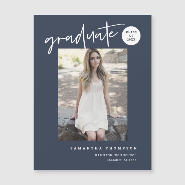 Navy Blue Script School Graduate Foto Magnet (Vorderseite)