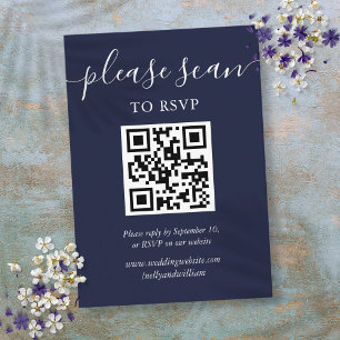 Navy Blue Script Wedding RSVP QR Code Begleitkarte