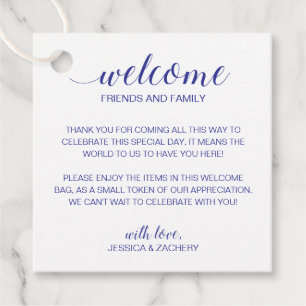 Navy Blue Script Wedding Welcome Gift Bag Basket Geschenkanhänger