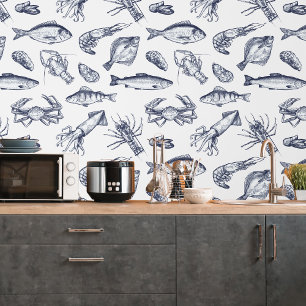 Navy Blue Seafood Pattern Küche Peel & Stick Tapete