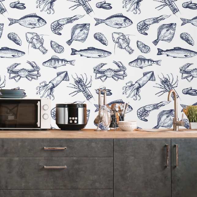 Navy Blue Seafood Pattern Küche Peel & Stick Tapete (Navy Blue Seafood Pattern Kitchen Peel & Stick Wallpaper
)
