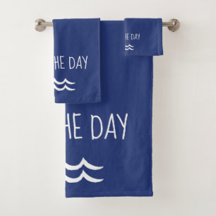 Navy Blue Seas the Day Waves Nautic Badhandtuch Set