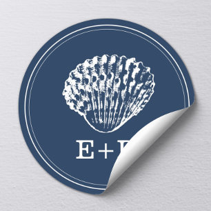 Navy Blue Seashell Beach Wedding Favor Runder Aufkleber