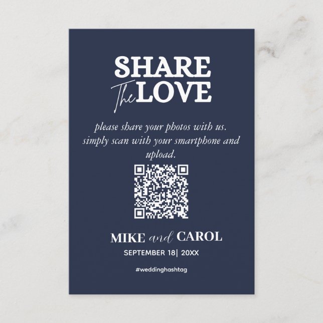 Navy Blue Share Liebe Foto QR Code Hochzeit Begleitkarte (Vorderseite)