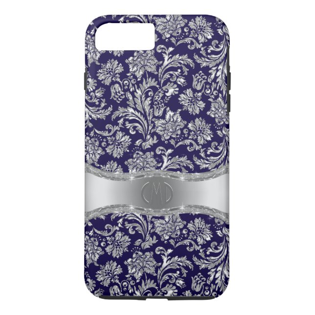 Navy Blue & Shiny Silver Floral Damasks Case-Mate iPhone Hülle (Rückseite)
