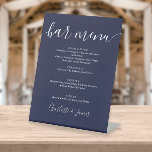 Navy-Blue-Signatur-Schrift Hochzeitsbar-Menü Sockelschild