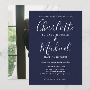 Navy-Blue-Signatur-Schriftzug-Foto-Hochzeit Einladung