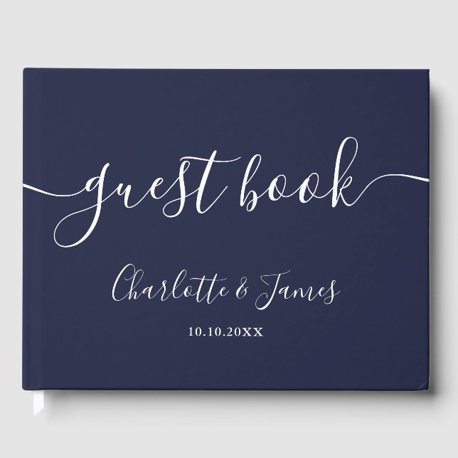 Navy Blue Signature Script Photo Wedding Gästebuch (Vorderseite)