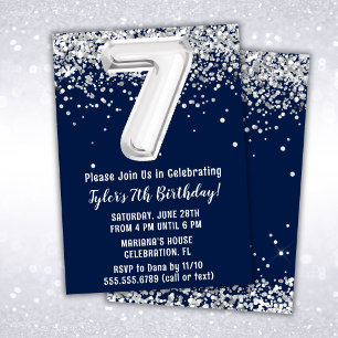 Navy Blue Silver 7. Geburtstagsparty Einladung