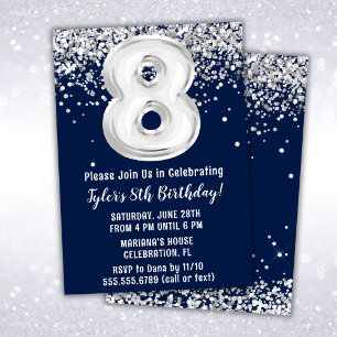 Navy Blue Silver 8. Geburtstagsparty Einladung
