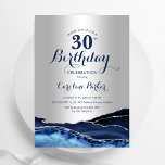 Navy Blue Silver Agate 30. Geburtstag Einladung<br><div class="desc">Navy Blau und Rose Silber über 30. Geburtstag Party Einladung. Elegantes modernes Design mit königsblauen Aquarellfarben,  marmorgeode Hintergrund,  Imitate Glitzer Silber und Typografie Drehbuch Schriftart. Die trendige Einladungskarte eignet sich perfekt für eine stilvolle Damenfeier. Gedruckte Zazzle Einladungen oder Sofortdownload digitalen druckbaren Vorlage.</div>